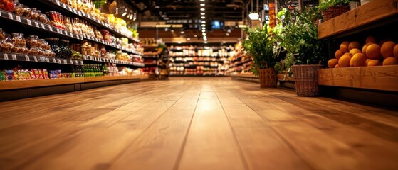 Empty aisle in a grocery store with wooden floor and shelves.