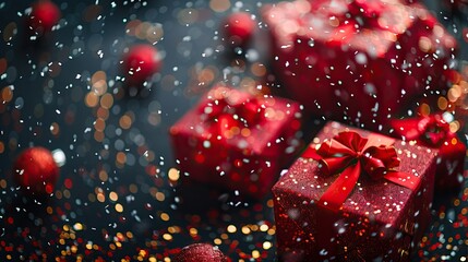 A festive scene of red party streamers, gift boxes, and confetti on a black background, representing a Black Friday and Christmas New Year celebration concept.