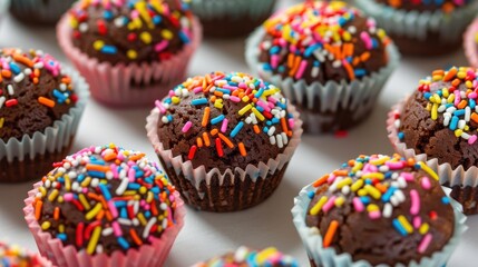 Poster - A close up shot of several small, chocolate brownie cupcakes topped with colorful sprinkles. The cupcakes are arranged in rows on a white surface.