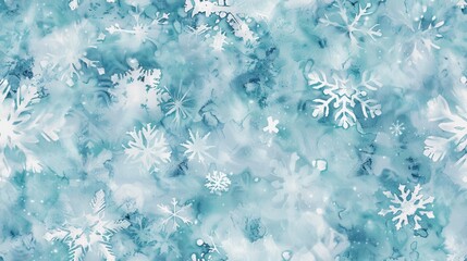 Wall Mural - This image is a vibrant, abstract watercolor painting of snowflakes on a blue background. The snowflakes are white and vary in size, while the background is a mixture of light and dark blue, creating 