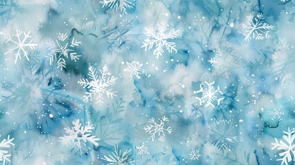 Leinwandbilder - A watercolor painting depicting a winter scene. The background is a light blue color with hints of white, and there are numerous white snowflakes scattered across the surface.