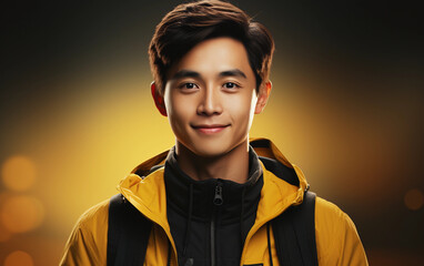 Wall Mural - A young man in a yellow jacket and black jacket is smiling. He is wearing a backpack. The image has a warm and friendly mood