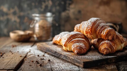 Poster - A close-up shot of four freshly baked croissants on a wooden cutting board. The croissants are covered in powdered sugar and appear to be freshly made. The image is captured in a rustic setting with a