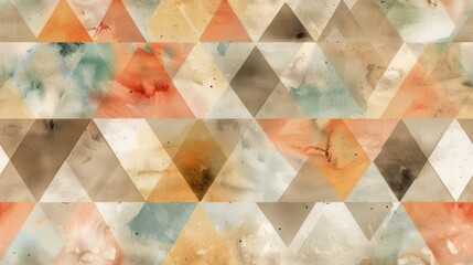 Leinwandbilder - The image features an abstract pattern of overlapping triangles in shades of brown, beige, orange, and blue. The triangles are created using watercolor paint, giving them a textured and slightly blurr