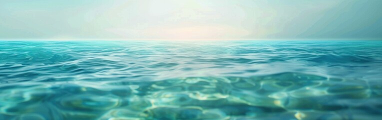 Aufkleber - A tranquil scene of a vast ocean with gentle waves rippling across the surface. The water is a deep blue, reflecting the clear, sunny sky above. A faint glow from the sun illuminates the horizon, cast