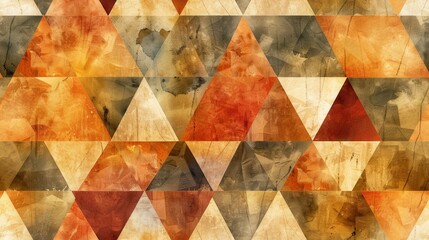 Poster - A seamless pattern of various-sized triangles arranged in rows. The triangles are painted in muted shades of brown, orange, beige, and gray, creating a warm, earthy feel. The background has a textured