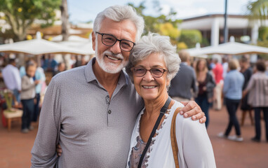 Wall Mural - A man and woman are smiling for the camera in a crowded outdoor setting. The man is wearing glasses and the woman is wearing a white shirt