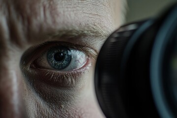 Close-up of a blue eye looking through a camera lens.