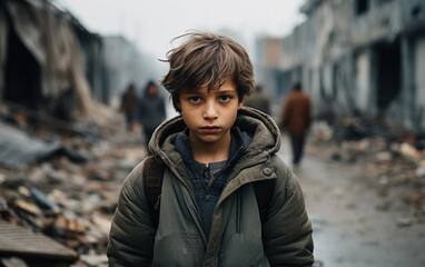 A boy wearing a green jacket stands in front of a building. He looks sad and is holding a backpack