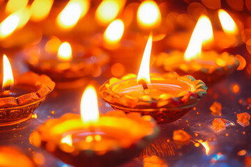 Wall Mural - Burning candles decorated with flowers celebrating Diwali banners