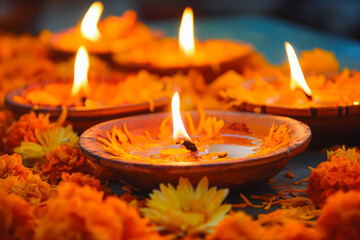 Wall Mural - Burning candles decorated with flowers celebrating Diwali banners