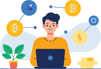 A young man engages in cryptocurrency analysis while surrounded by digital coins and a potted plant.