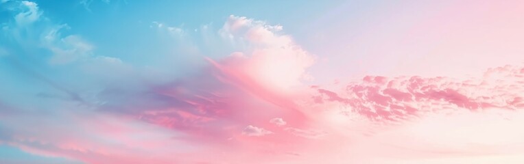 Poster - White clouds drift across a pastel pink and blue sky as the sun sets. The light from the sun casts a warm glow on the clouds, creating a beautiful and serene scene.