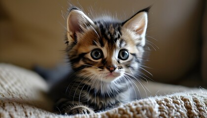 Wall Mural - The cute tabby kitten was sitting leisurely on the soft sofa, her eyes full of curiosity.