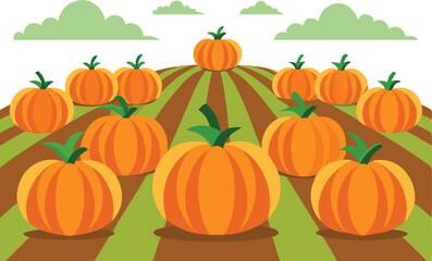 a vibrant pumpkin patch filled with ripe pumpkins growing in neat rows, set against a cloudy backdro