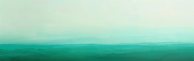 Poster - A simple watercolor painting depicts a landscape of mountains and a horizon. The sky is a light white with some green shading, while the ground is a solid, deep green. The painting is done in a simple