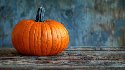 a small decorative orange pumpkin on a wooden table, designed as a header for a happy thanksgiving d