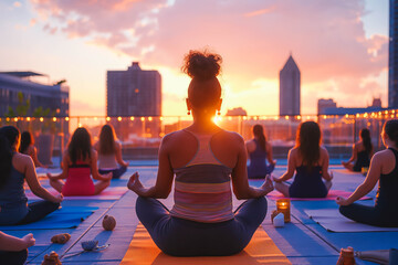 Yoga instructor leading a class on a rooftop at sunrise.