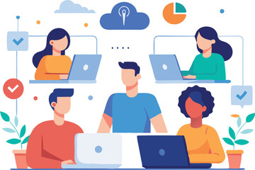 Poster - A group of individuals work together on laptops in a vibrant office setting with plants and visual data representations.