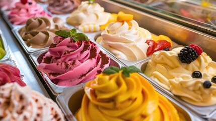 Poster - A variety of gelato flavors are displayed in a shop, showcasing pink, yellow, brown, and white colors. Each flavor is decorated with toppings like fruit and berries.