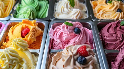 Poster - A close-up view of six colorful ice cream scoops arranged in metal trays. The flavors include green, yellow, orange, pink, white, and purple. Each scoop has a unique swirl pattern and is topped with f