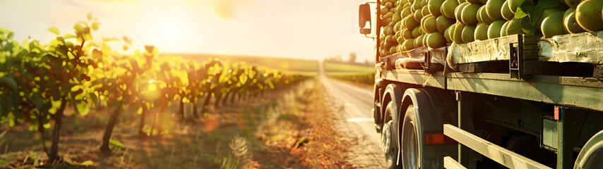 Wall Mural - Cargo truck carrying kiwi on the road in an orchard with sunset. Concept of food production, transportation, cargo and shipping.