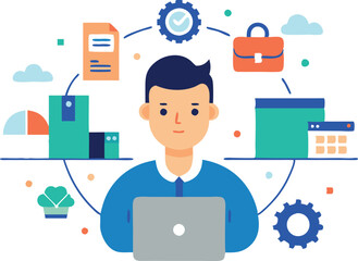 Poster - A person focuses on their laptop with business tools and icons symbolizing productivity around them.