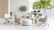 © happysunstock - Comfortable Modern Office Space with Lounge Areas and Ergonomic Furniture for Productivity and Relaxation, Generative Ai