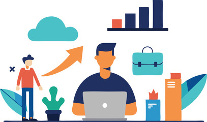 Poster - A person engages with a laptop while surrounded by growth indicators and plants, symbolizing productivity and innovation.