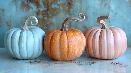 Three decorative pumpkins set against a pastel blue background, showcasing an autumn seasonal banner design with copy space.