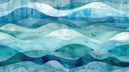 Poster - A watercolor painting of abstract waves in shades of blue and green. The painting depicts the movement of water, with the waves flowing and overlapping in a peaceful and serene manner. The colors are 