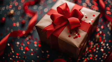 A gift box with a red ribbon on a black background, surrounded by confetti, illustrating the Black Friday sale concept.