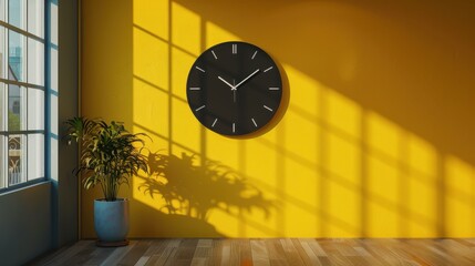Aufkleber - A black clock hangs on a yellow wall, with sunlight streaming through a window, casting shadows on the wall. A potted plant sits near the wall, adding a touch of greenery to the space.