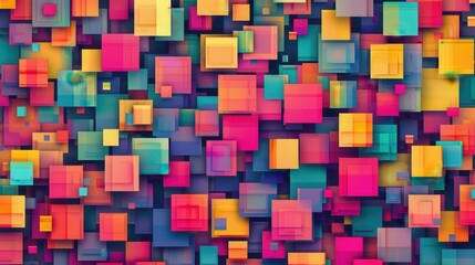 Wall Mural - A vibrant background made of numerous colorful squares arranged in a random pattern, creating a dynamic and abstract design. The squares are layered and slightly overlapping, giving depth and dimensio