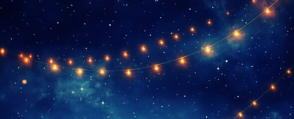 Wall Mural - Bright string lights against a deep blue starry sky background