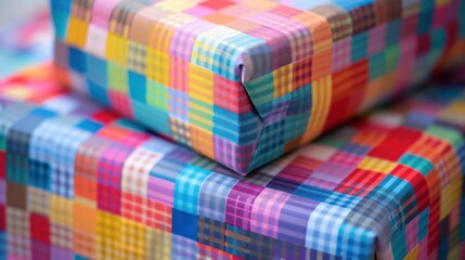 Fototapete - A close up of a stack of colorful plaid patterned gift wrap. The top gift is slightly out of focus, while the bottom gift is in sharp focus, showcasing the intricate pattern and vibrant colors of the 