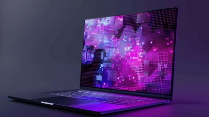 Poster - A modern laptop sits on a dark surface with its screen displaying a vibrant abstract digital artwork in pink and blue hues. The laptop's keyboard and trackpad are illuminated with a soft, purple glow.
