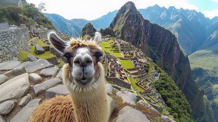 Llama Enjoying Scenic View Of Machu Picchu and making selfie On A Sunny Day In The Andes Mountains