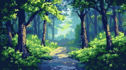 Wall Mural - A pixelated scene depicts a sun-dappled forest, the light filtering through the lush green leaves of the trees. A dirt path winds its way through the forest, inviting the viewer to explore its depths.