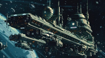Poster - A large, futuristic spaceship, with multiple decks and a large, central control tower, orbits a gas giant planet. The ship is surrounded by smaller, fighter-like vessels, and the planet's atmosphere i