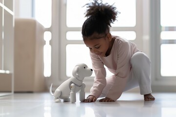 Child Engaging with Interactive Robot Dog in a Bright Living Room, Emphasizing Joy, Curiosity, and Technology Adventure