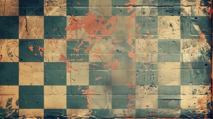 Poster - A close-up view of a checkerboard pattern painted on a weathered brick wall. The paint is faded and peeling in places, and the brick is showing through. The colors are a muted green and beige, and the
