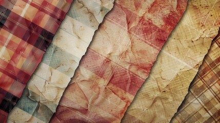 Poster - A close-up image of five torn pieces of paper, each featuring a different plaid pattern. The paper is textured and wrinkled, showing signs of age and wear. The colors of the plaids include red, brown,