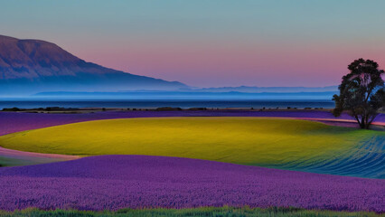 Golden hour paints mountains with vibrant hues as sun dips below horizon, casting reflections on calm water