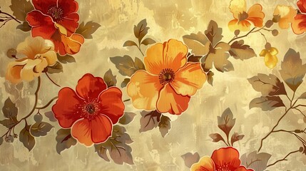 Poster - A close-up image of a vintage floral pattern featuring large red and orange flowers with yellow centers, along with smaller yellow flowers and brown leaves on a tan background.