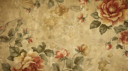 Poster - A close-up image of a vintage floral pattern printed on a textured tan background. The pattern features blooming roses with green leaves, with some roses in full bloom and others still in bud. The bac