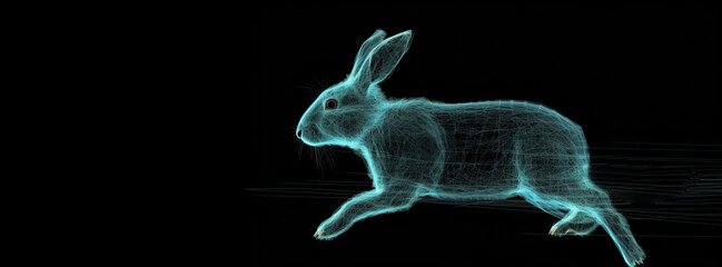 Neon abstract graphic outline of rabbit in jump, wild animal. Dark background isolate. AI generated.