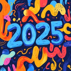 Wall Mural - Energetic 2025 graphic with vibrant patterns and colors on a blue canvas for New Year