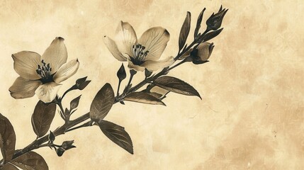 Poster - A close-up shot of a branch with delicate, white flowers and leaves set against a faded tan background. The flowers are in bloom and appear to be white with a touch of brown on the petals, while the l