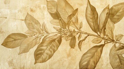 Poster - A detailed illustration of a branch with leaves in shades of brown on a textured background. The leaves are depicted with intricate detail, showcasing the veins and curves of each leaf. The background
